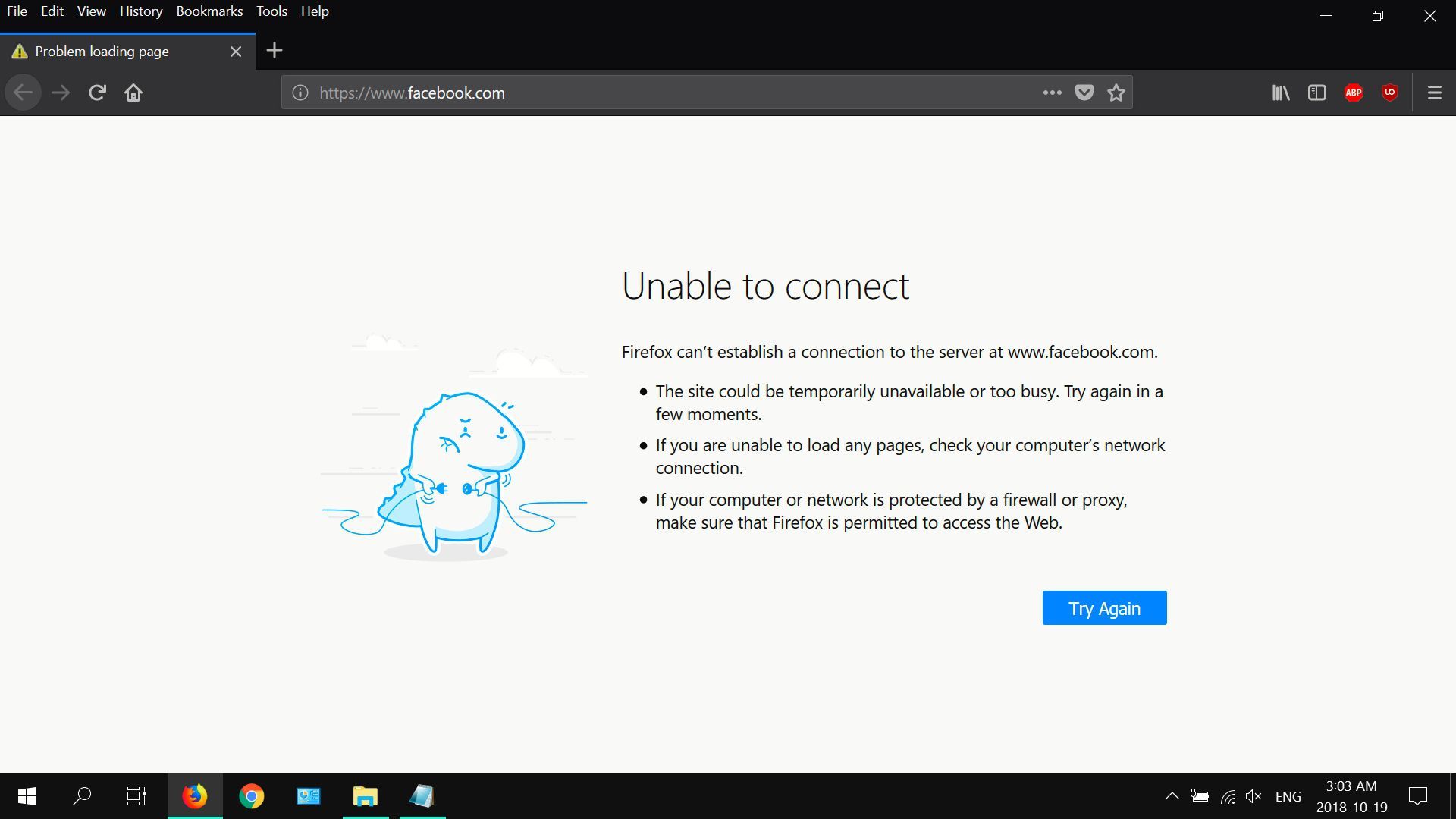 Скриншот Firefox, пытающегося зайти на заблокированный сайт.