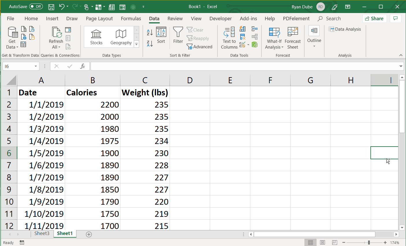 Снимок экрана таблицы веса и калорий