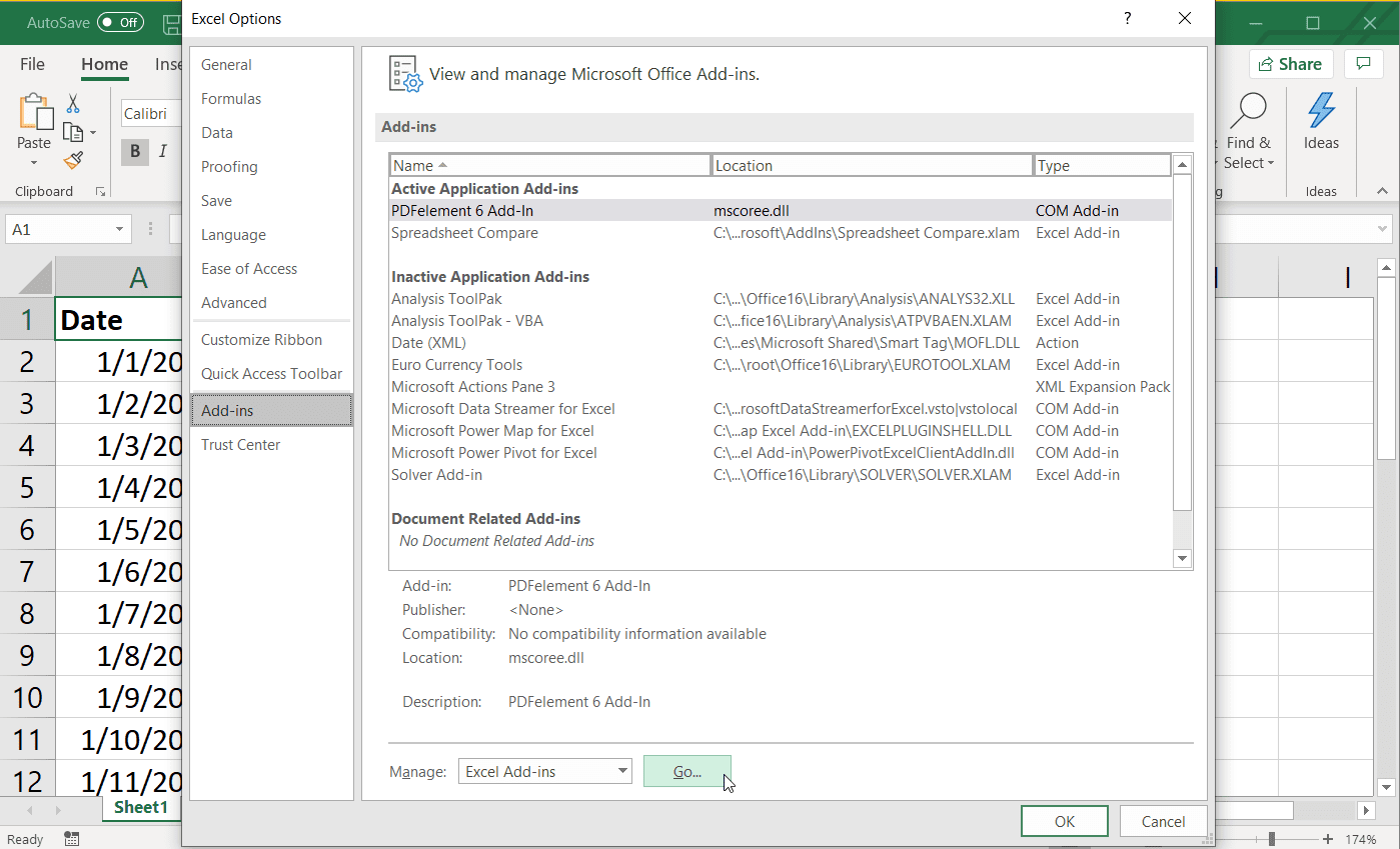 Снимок экрана добавления надстроек Excel