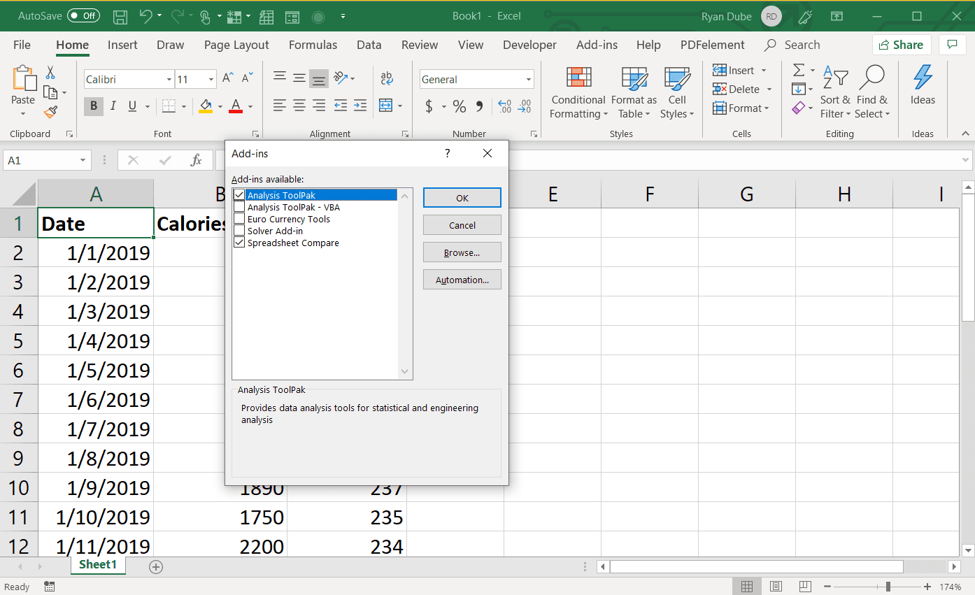 Снимок экрана включения Analysis ToolPak в Excel