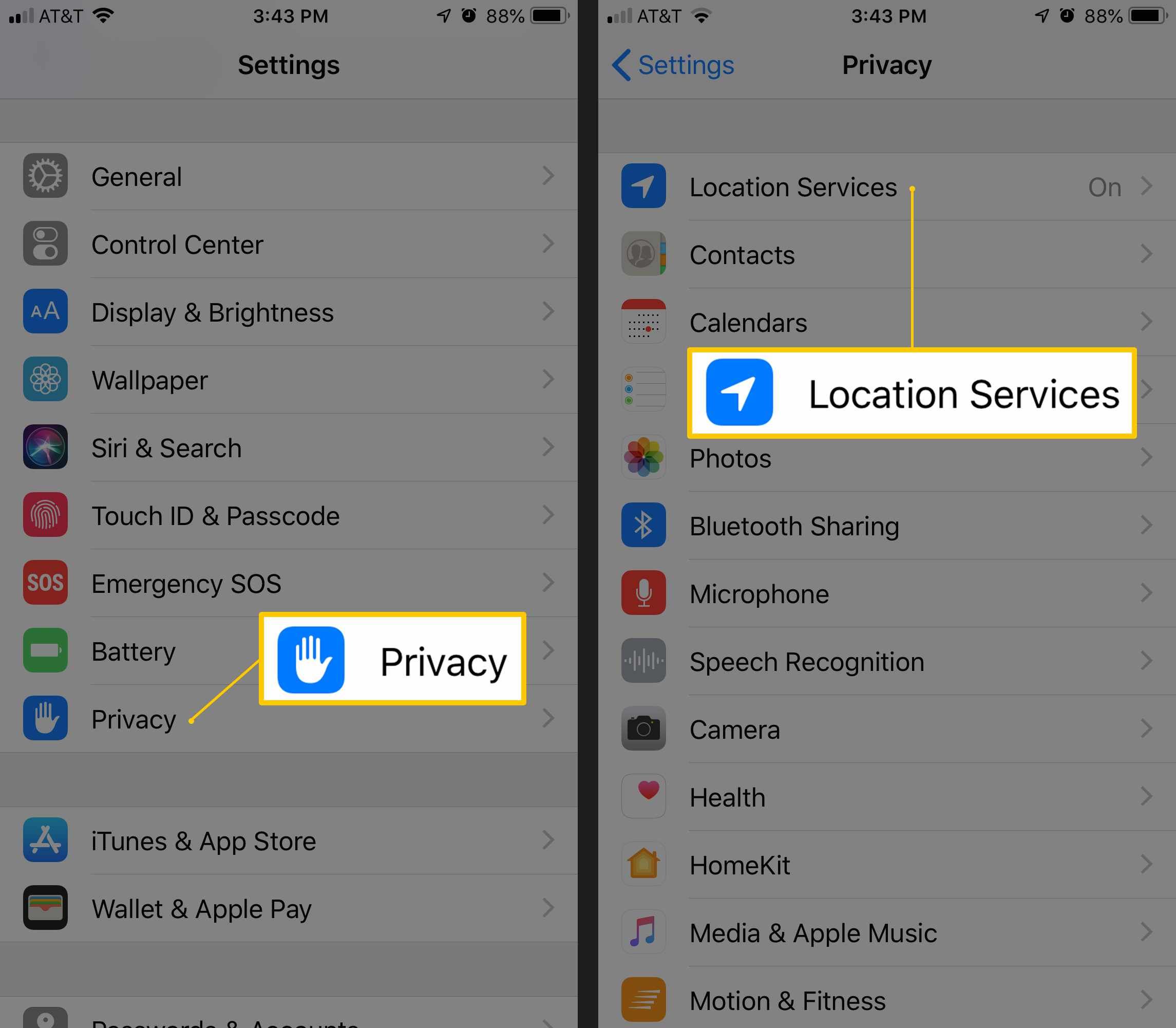 На экранах настроек iOS отображаются службы конфиденциальности и определения местоположения
