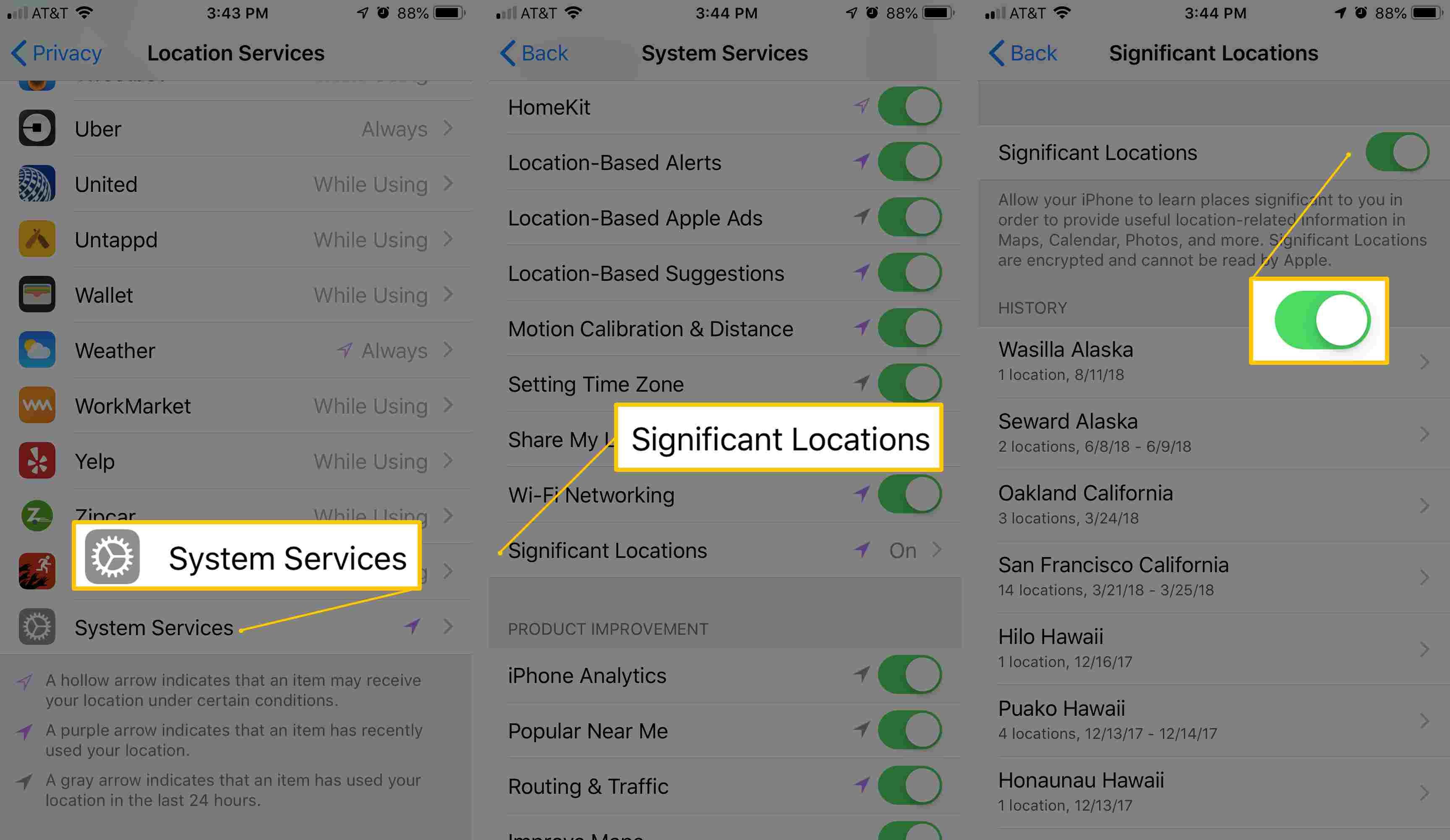 Снимки экрана iOS, показывающие системные службы, важные местоположения