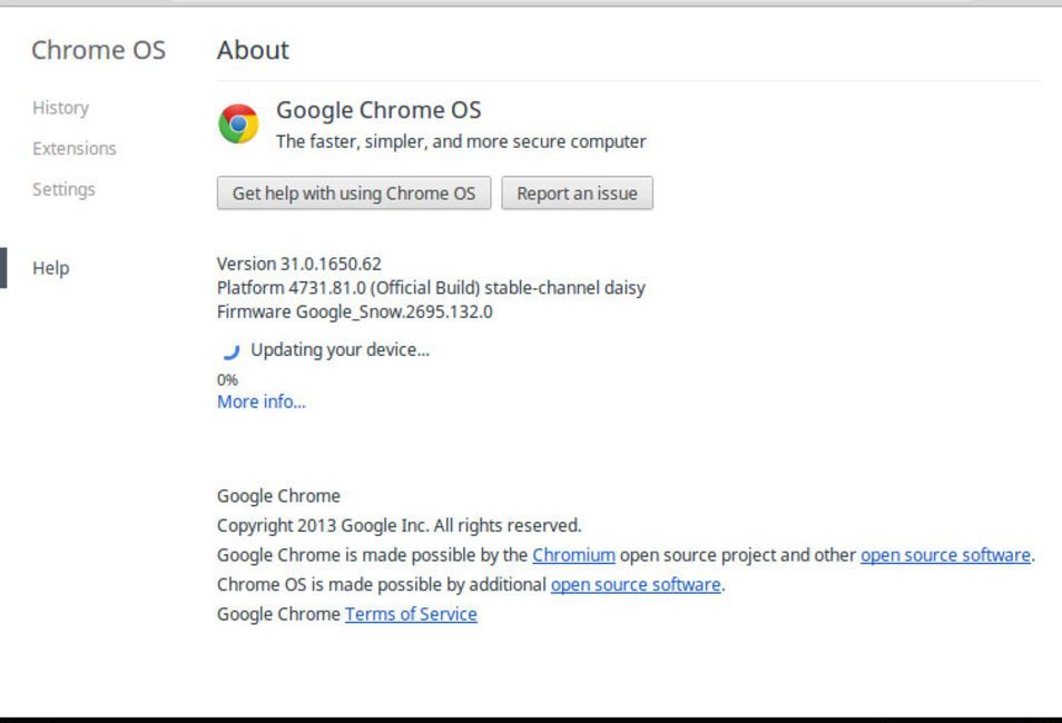 Скриншот обновления Chrome OS