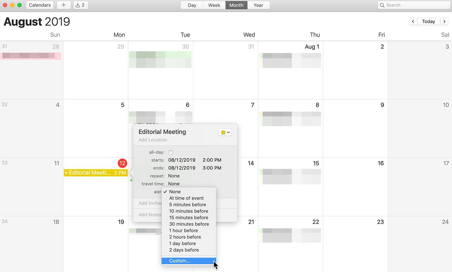 Настраиваемое оповещение в приложении Календарь на Mac