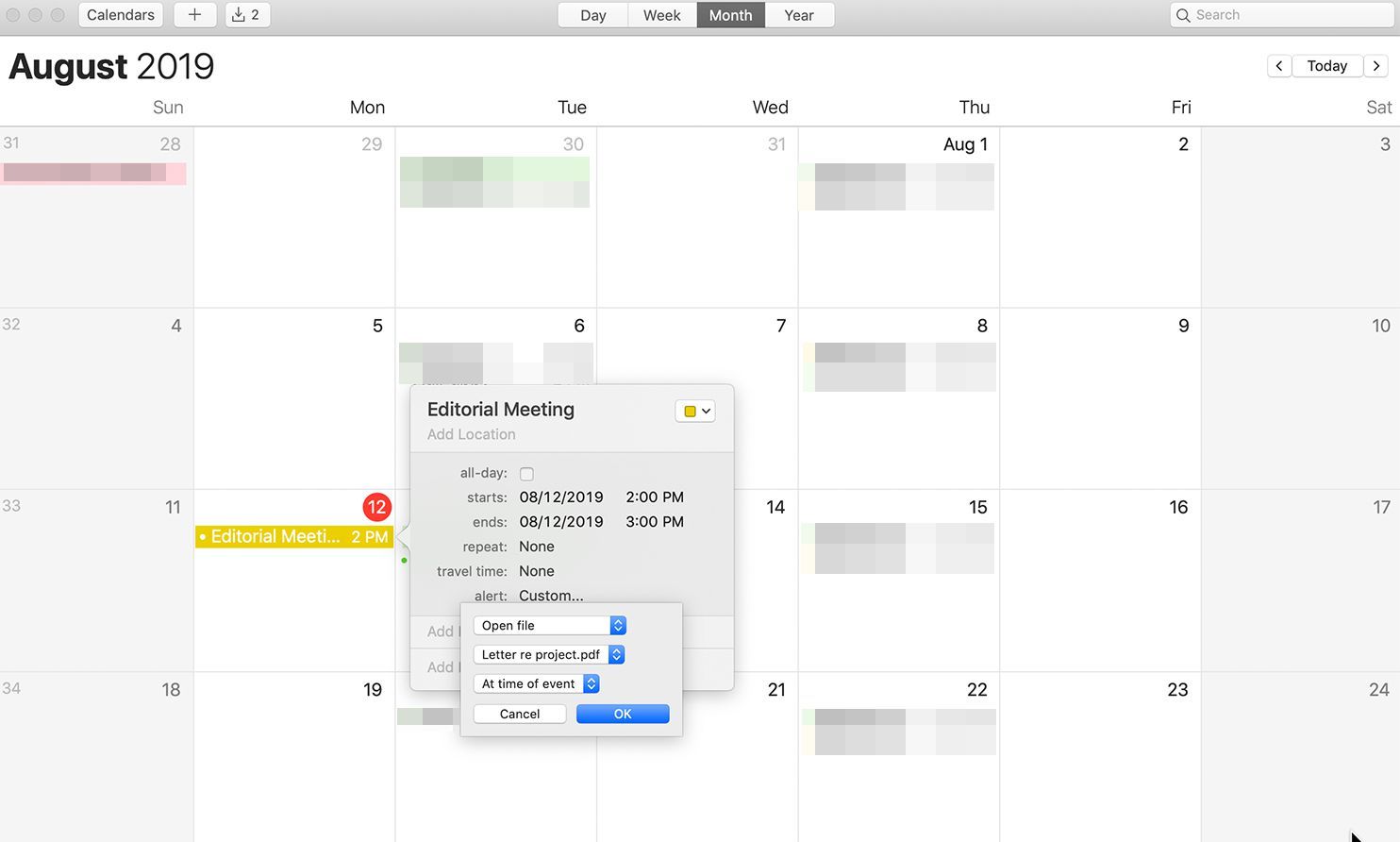 Опция Mac Calendar для открытия файла во время события