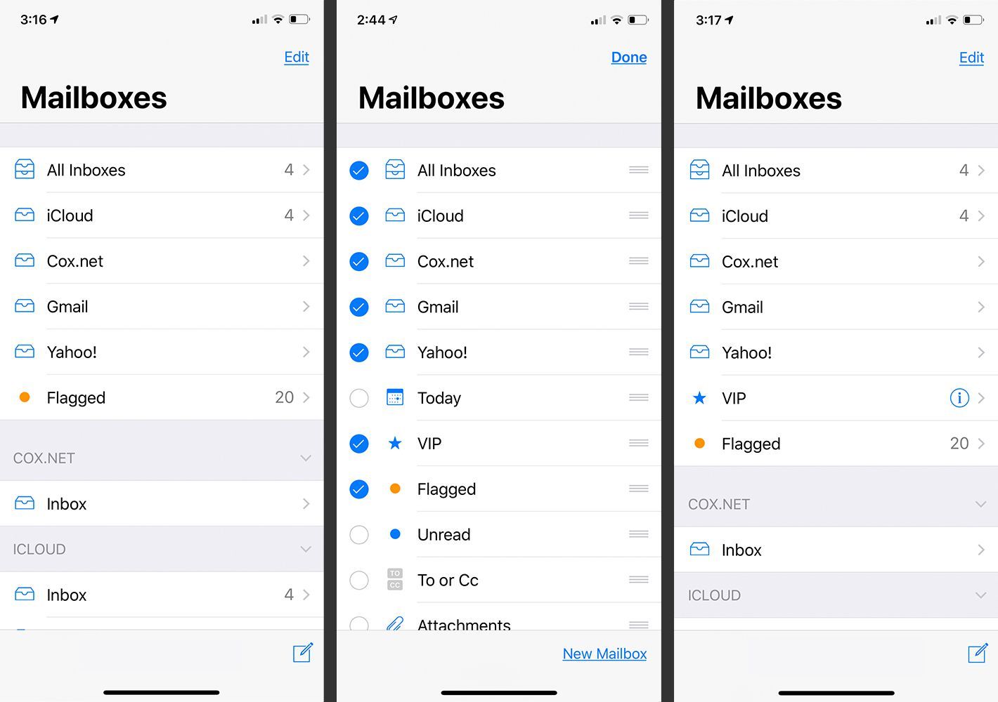 Экраны почтовых ящиков iOS