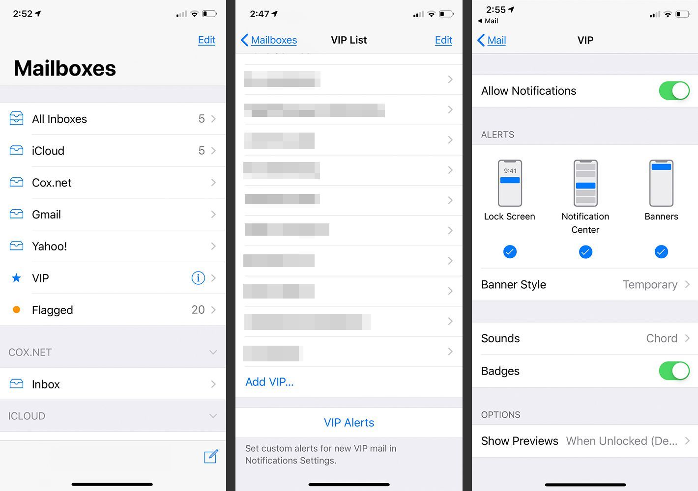 Настройки Почты iOS для VIP-уведомлений