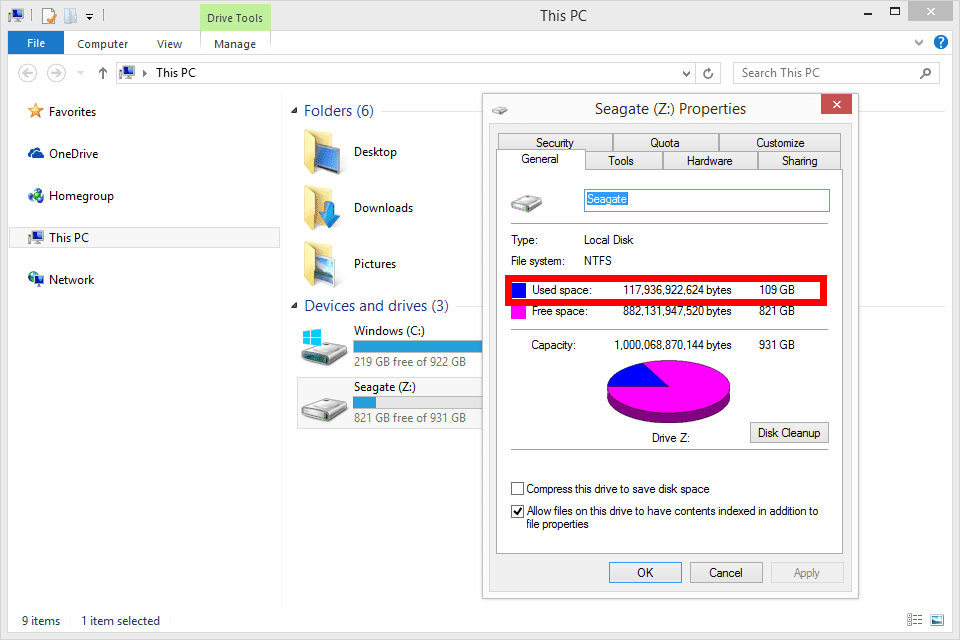 Снимок экрана жесткого диска's used space in Windows 8