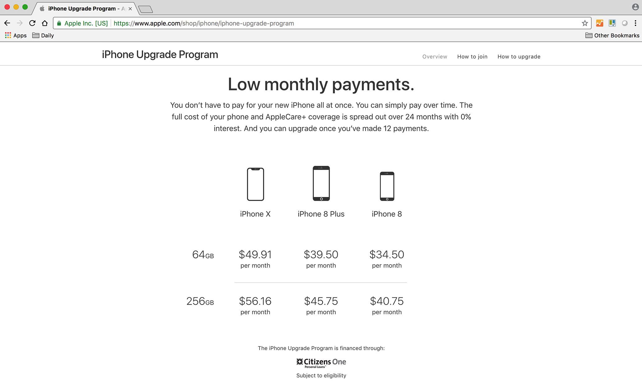 Снимок экрана цены программы обновления Apple iPhone