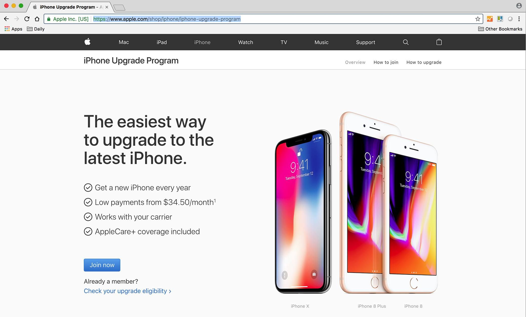 Снимок экрана сайта программы обновления Apple iPhone