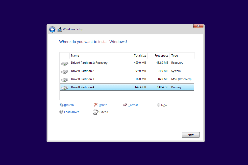 Снимок экрана, показывающий, как отформатировать C с установочного диска Windows 10