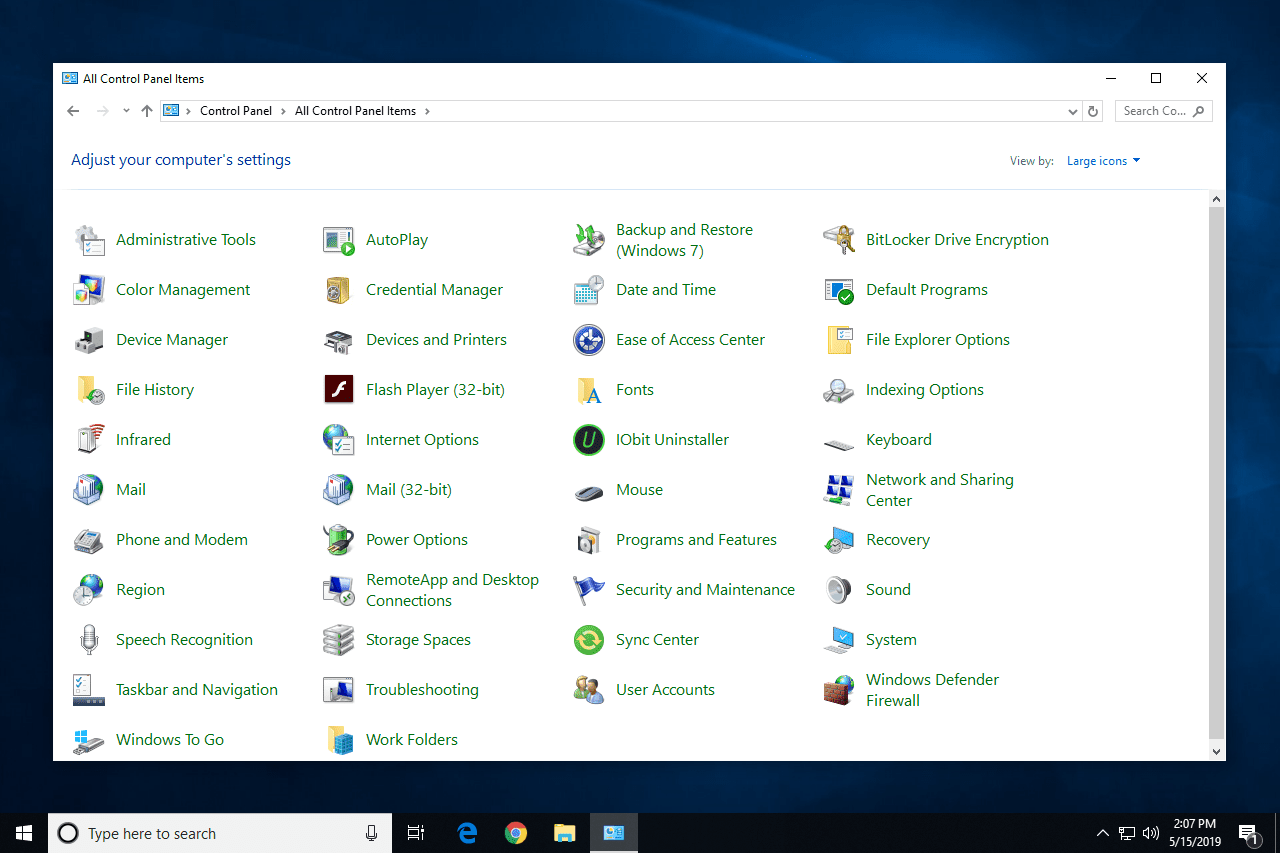 Элементы панели управления в Windows 10
