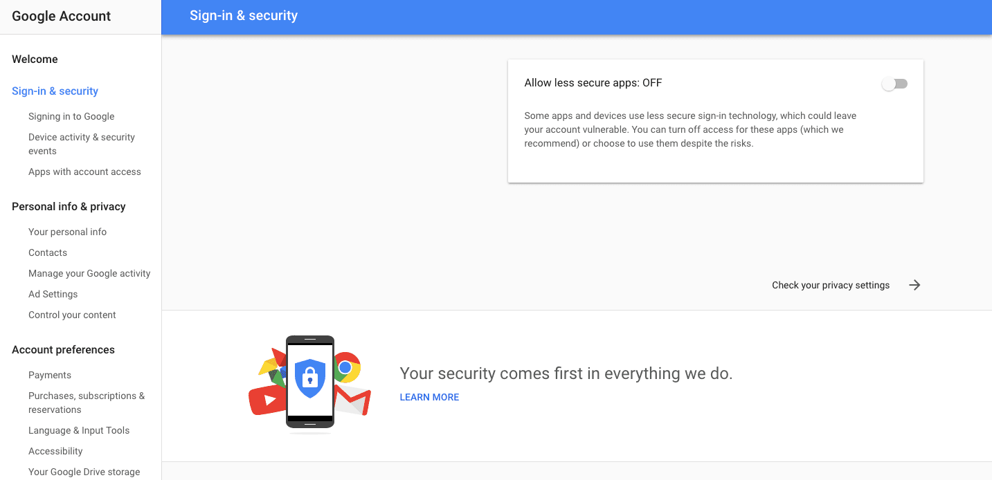 Снимок экрана, где включить менее безопасные приложения изнутри Google
