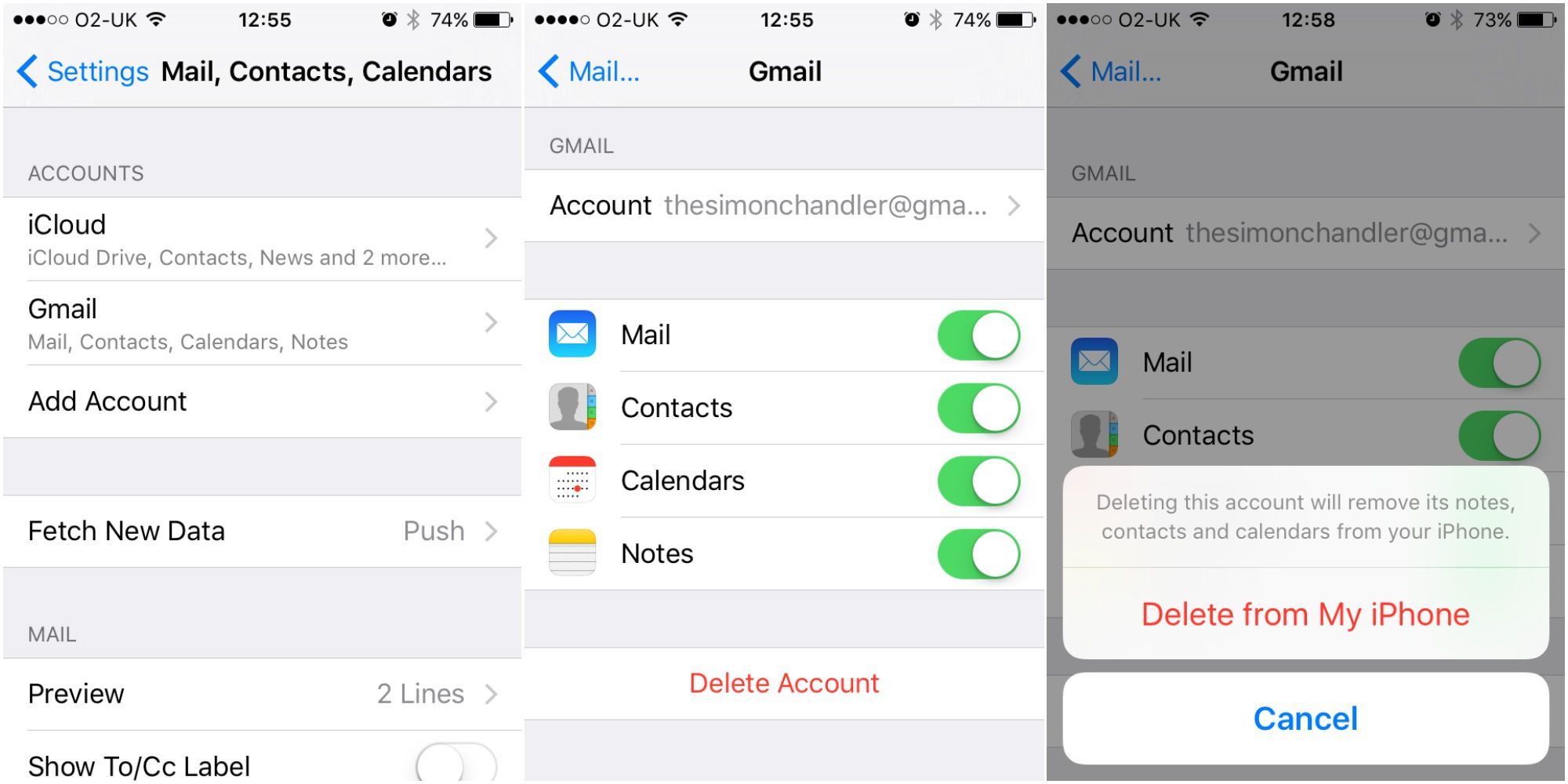 Серия скриншотов, показывающих, как удалить учетную запись Gmail на iPhone