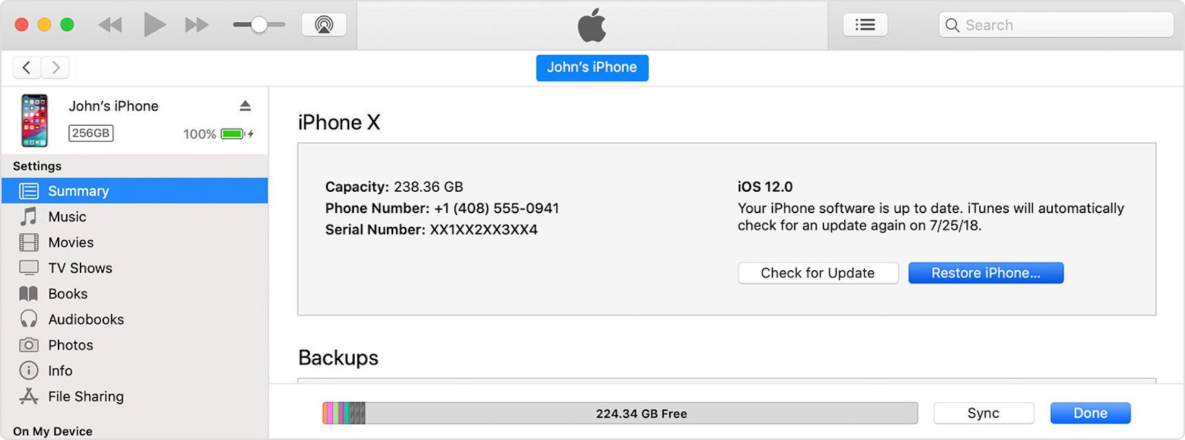Снимок экрана восстановления iPhone изнутри iTunes