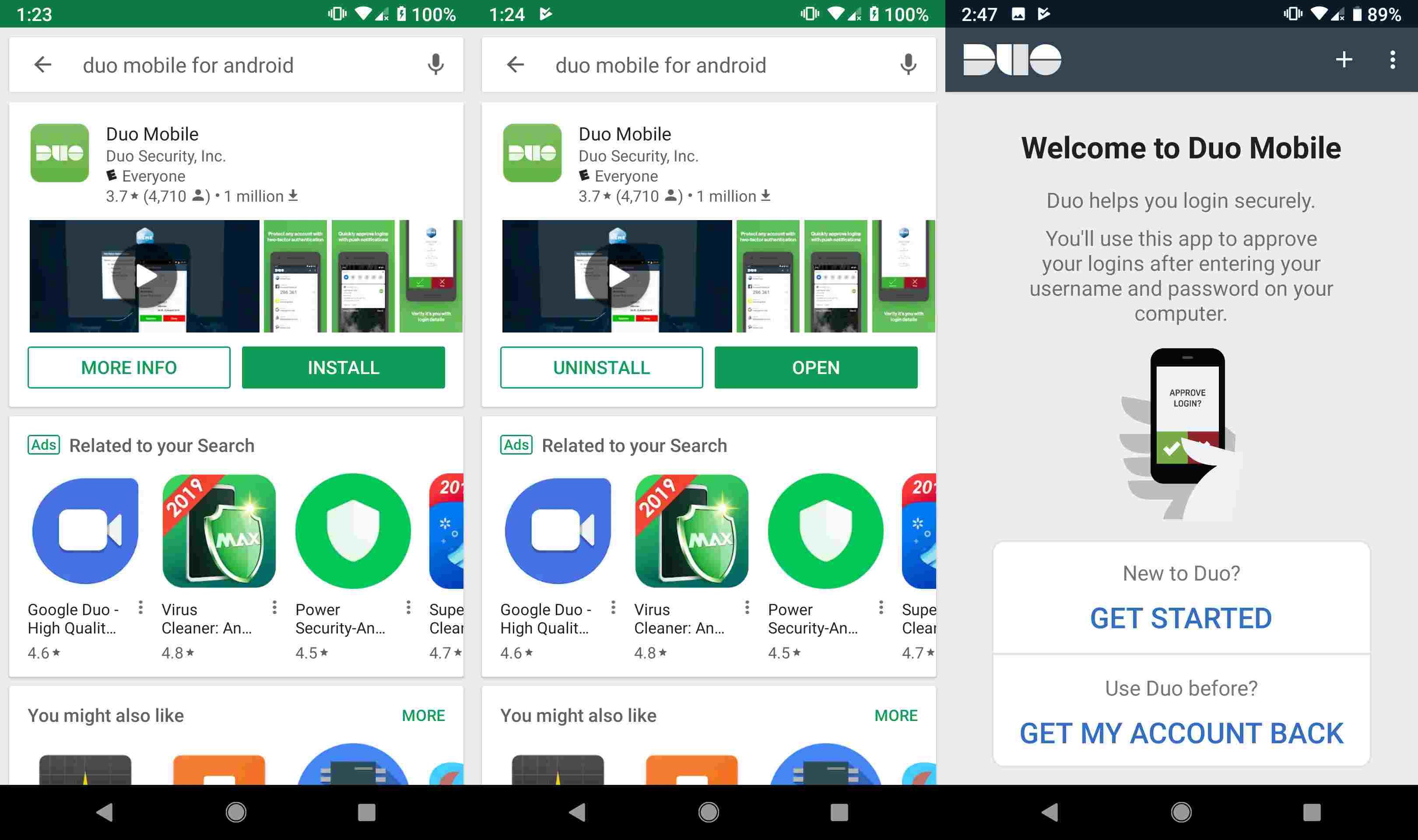 Скриншоты установки Duo Mobile для Android.