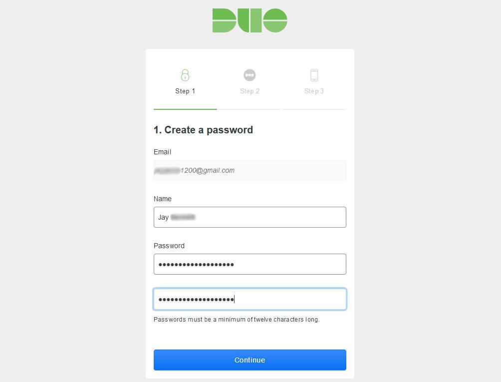 Скриншот Duo's account password creation page.