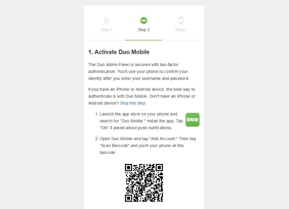 Скриншот Duo's activation page.