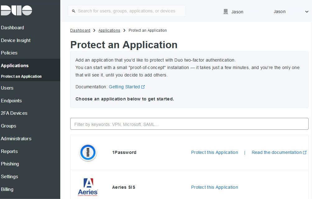 Скриншот Duo's Protect an Application options.
