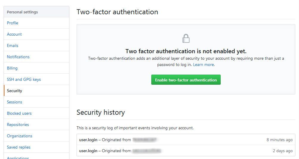 Скриншот GitHub's account security options.