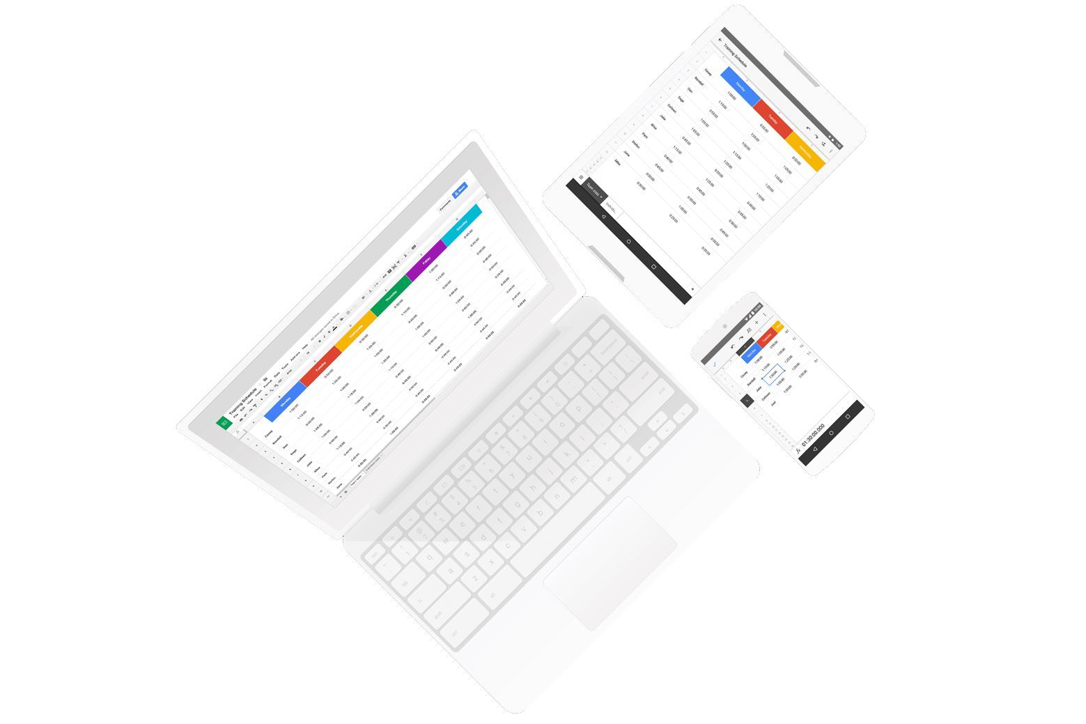 Изображение ноутбука, планшета и смартфона, каждый из которых использует Google Sheets