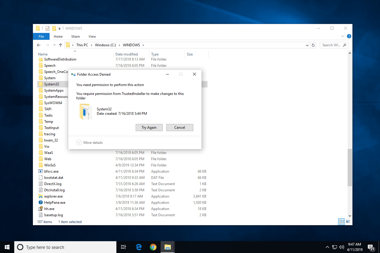 Сообщение об отказе в доступе к папке в папке System32 в Windows 10