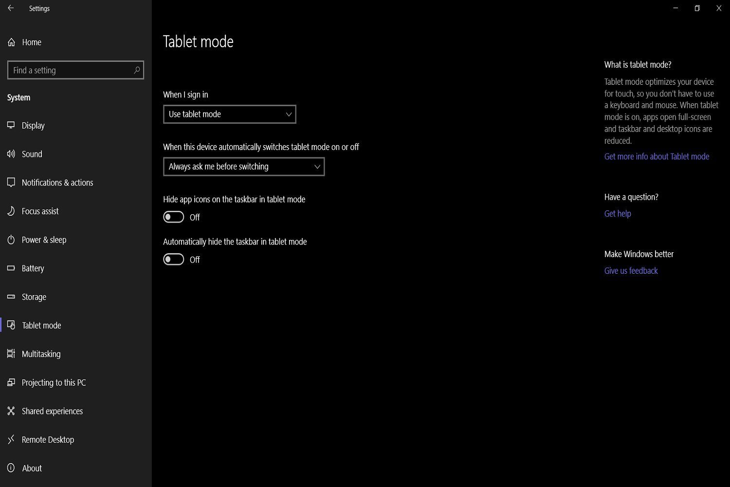 Скриншот меню настроек режима планшета в Windows 10.
