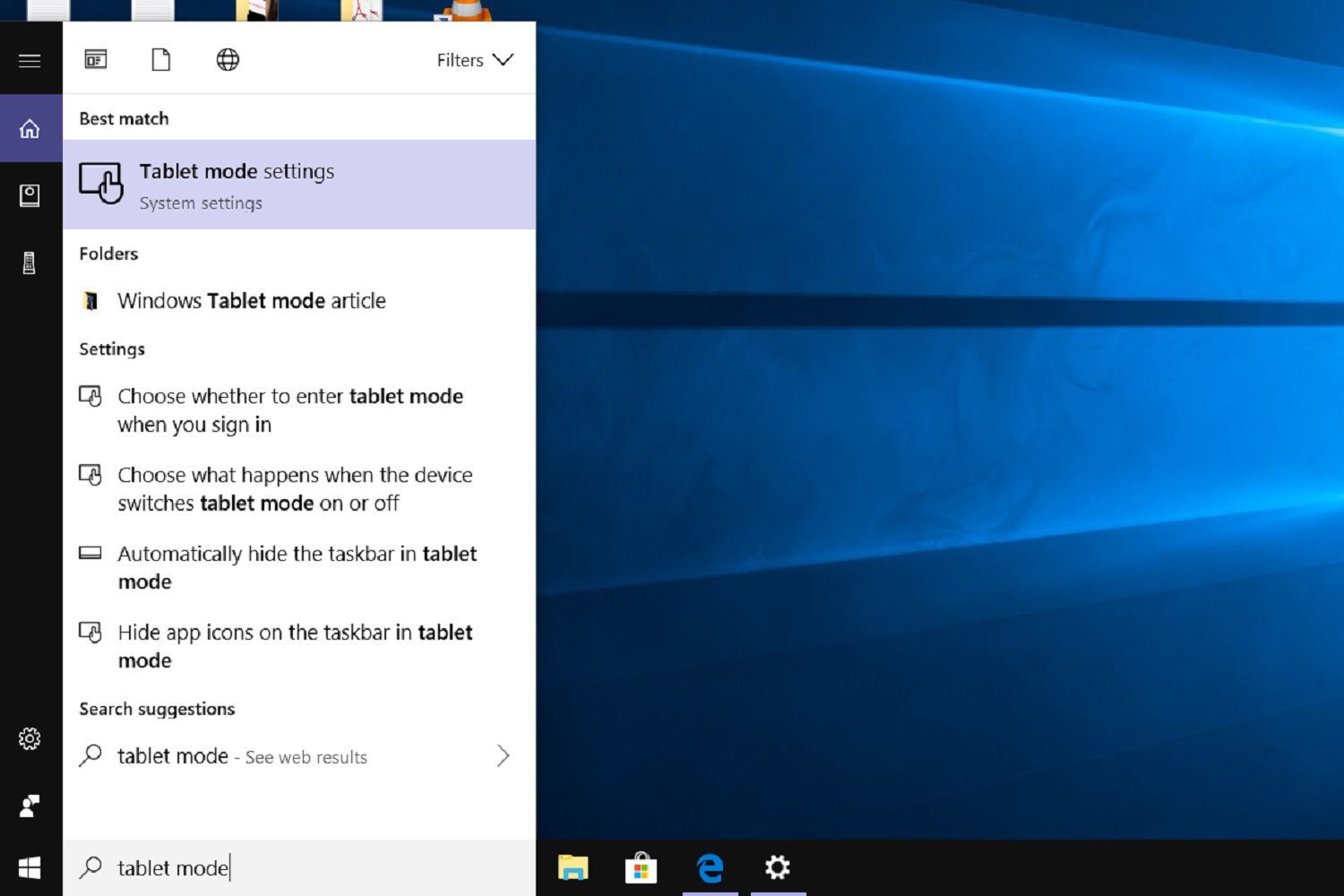 Снимок экрана, показывающий, как использовать метод панели поиска для доступа к настройкам режима планшета в Windows 10.