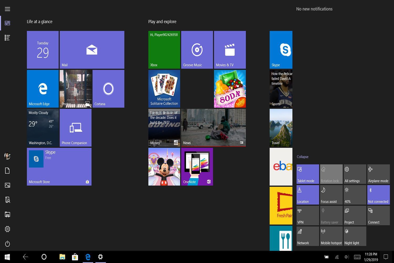 Снимок экрана, показывающий, как включить режим планшета на ПК с Windows 10 с помощью меню Центра действий.
