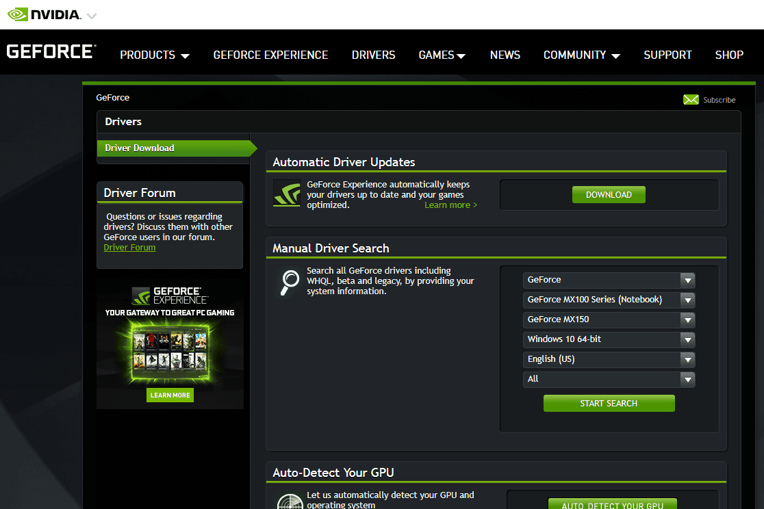 Скриншот страницы загрузки драйверов для драйверов NVIDIA GeForce