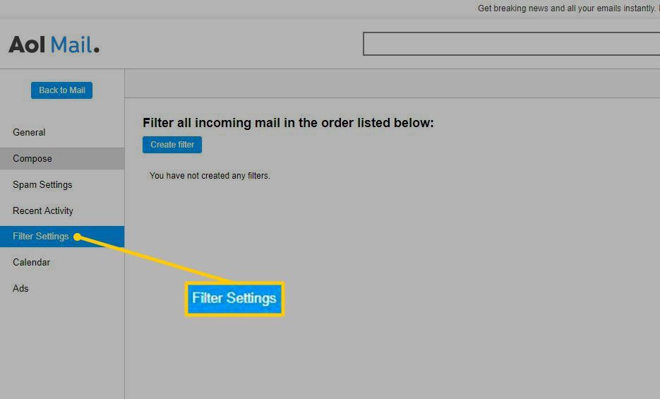 Параметр «Настройки фильтра» в AOL Mail