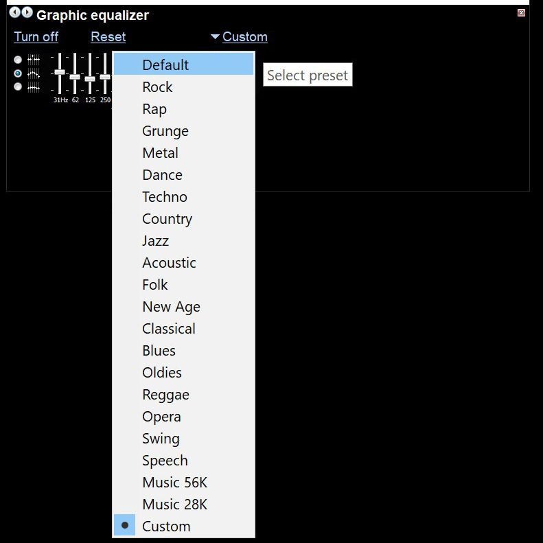 Снимок экрана, показывающий меню предустановок Windows Media Player 12