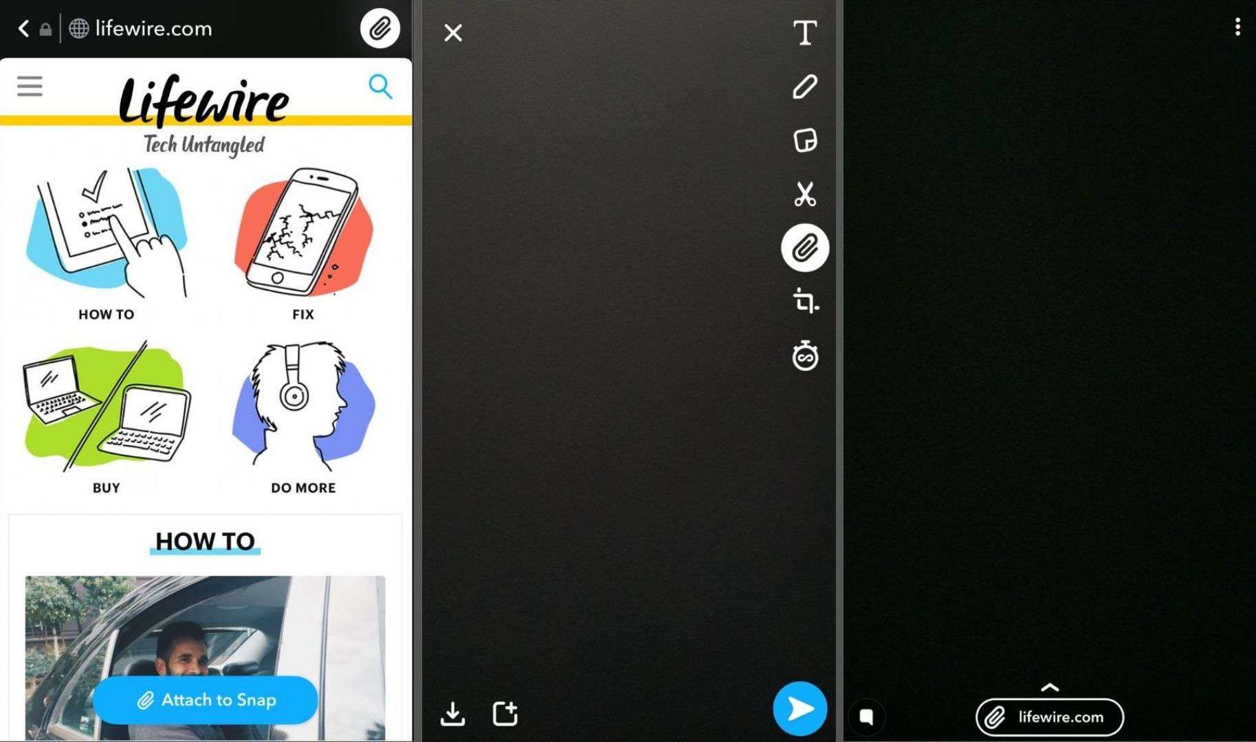 Три скриншота приложения Snapchat для iOS.