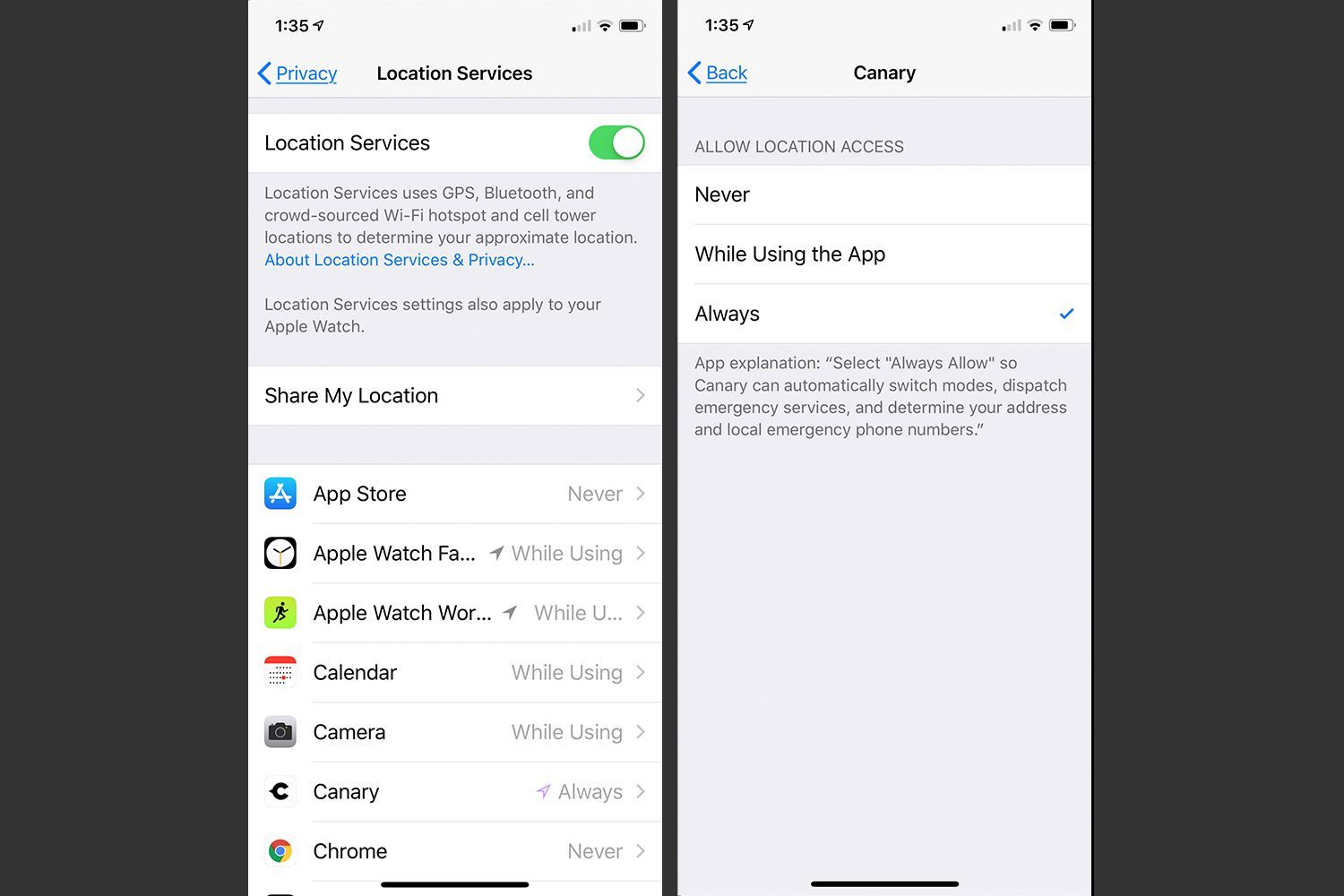 Параметры настроек служб определения местоположения для отдельных приложений в iPhone