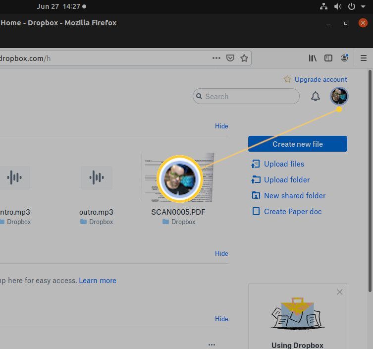 Снимок экрана с кнопкой профиля Dropbox.