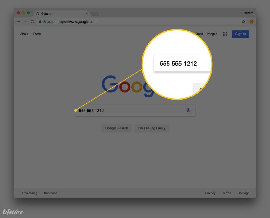 Снимок экрана веб-браузера Chrome с номером телефона в поле поиска.