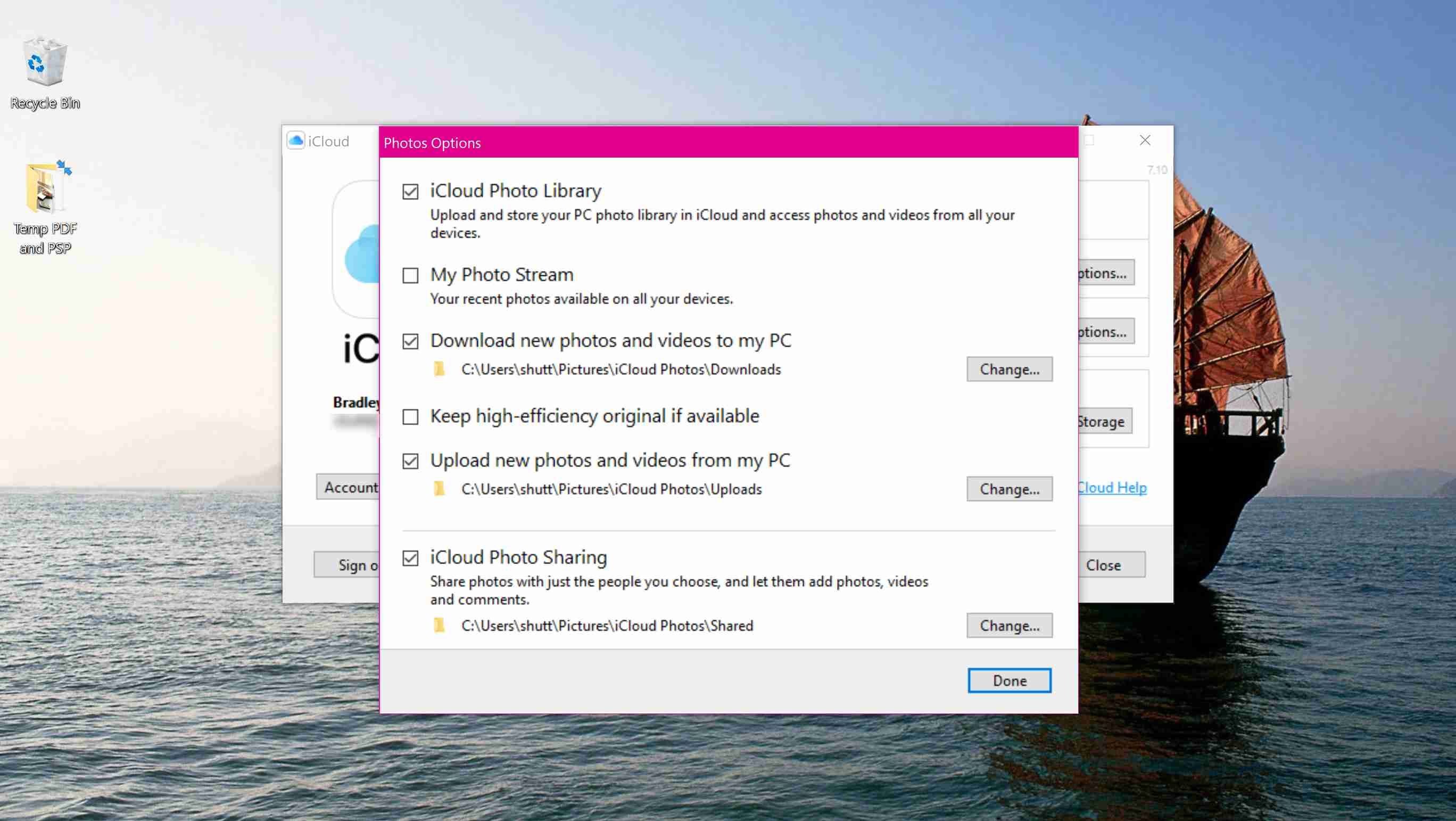 Процесс установки приложения iCloud для Windows.