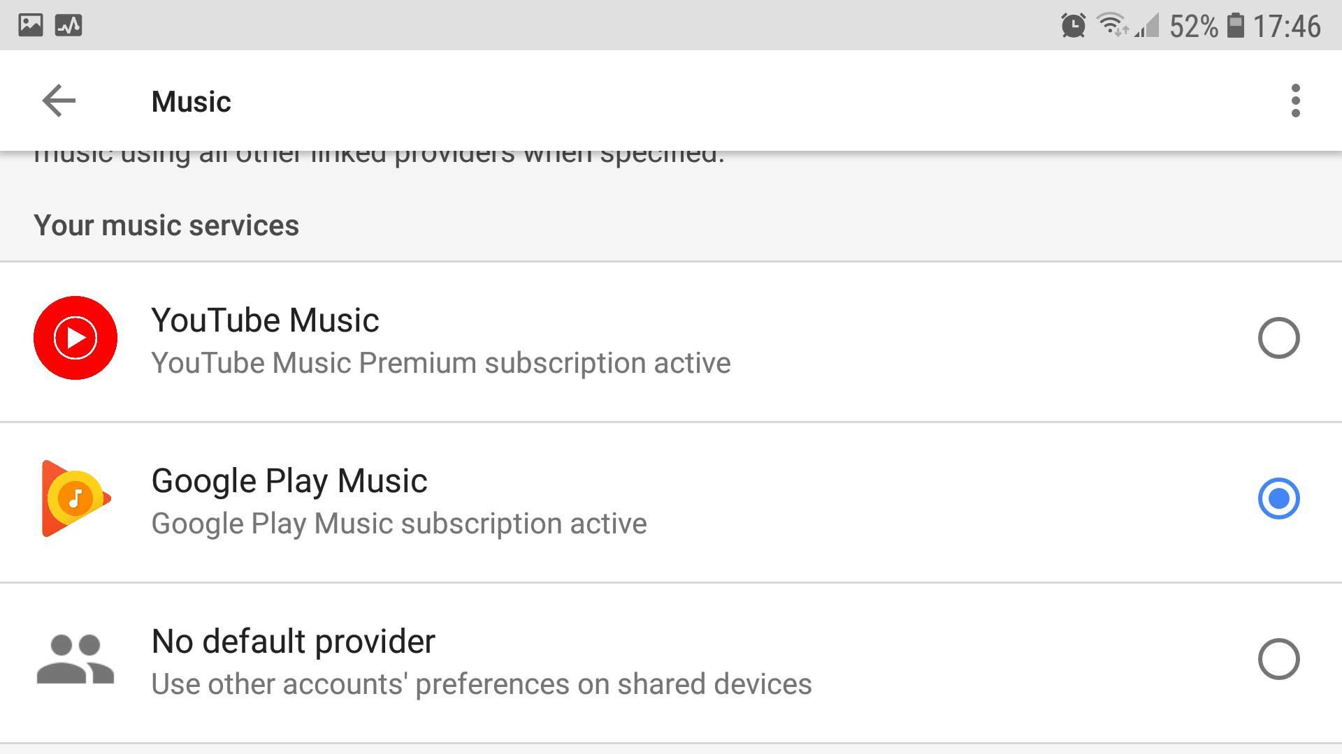 Снимок экрана выбора музыкального сервиса в Google Assistant