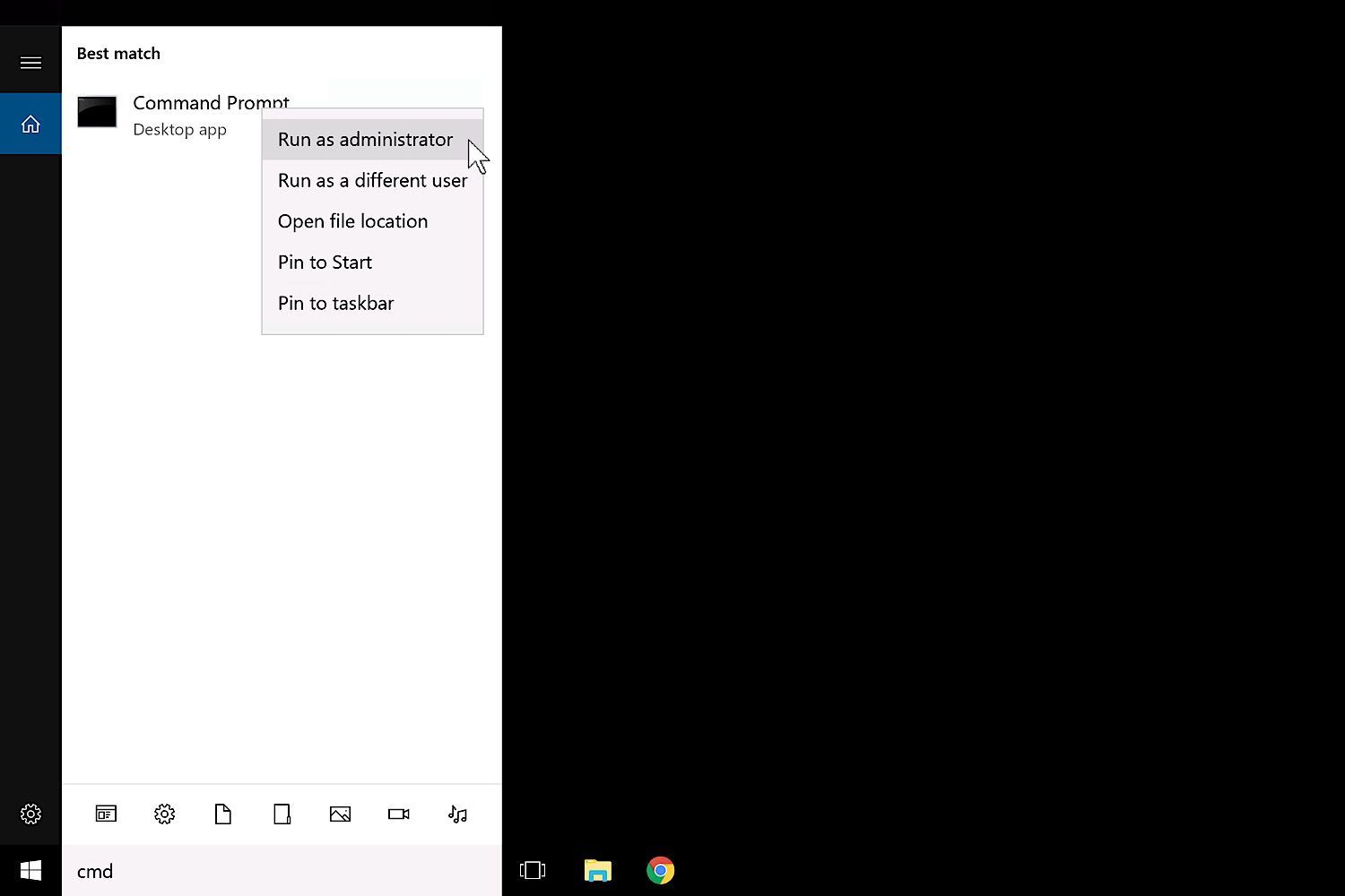 Снимок экрана поиска Windows для командной строки. приложение правой кнопкой мыши, с