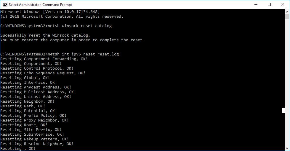 Снимок экрана команд командной строки Windows для сброса подключений IPv6