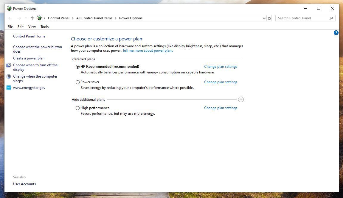 Снимок экрана параметров электропитания в Windows 10