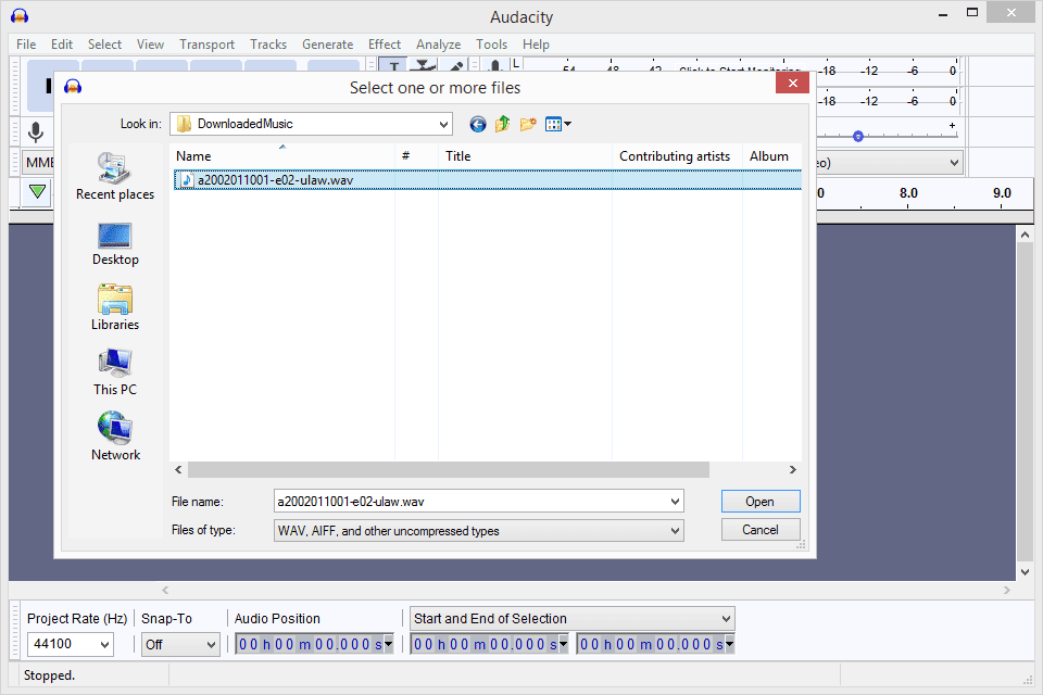 Снимок экрана, показывающий, как открыть файл WAV в Audacity