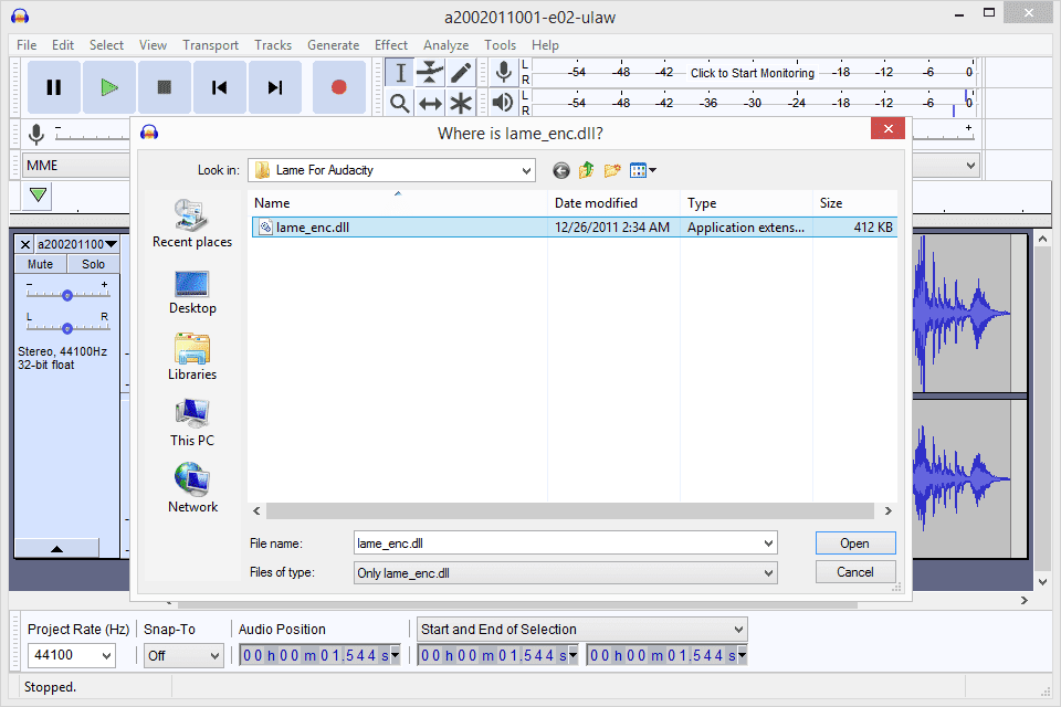 Снимок экрана, показывающий, как найти файл lame_enc.dll в Windows