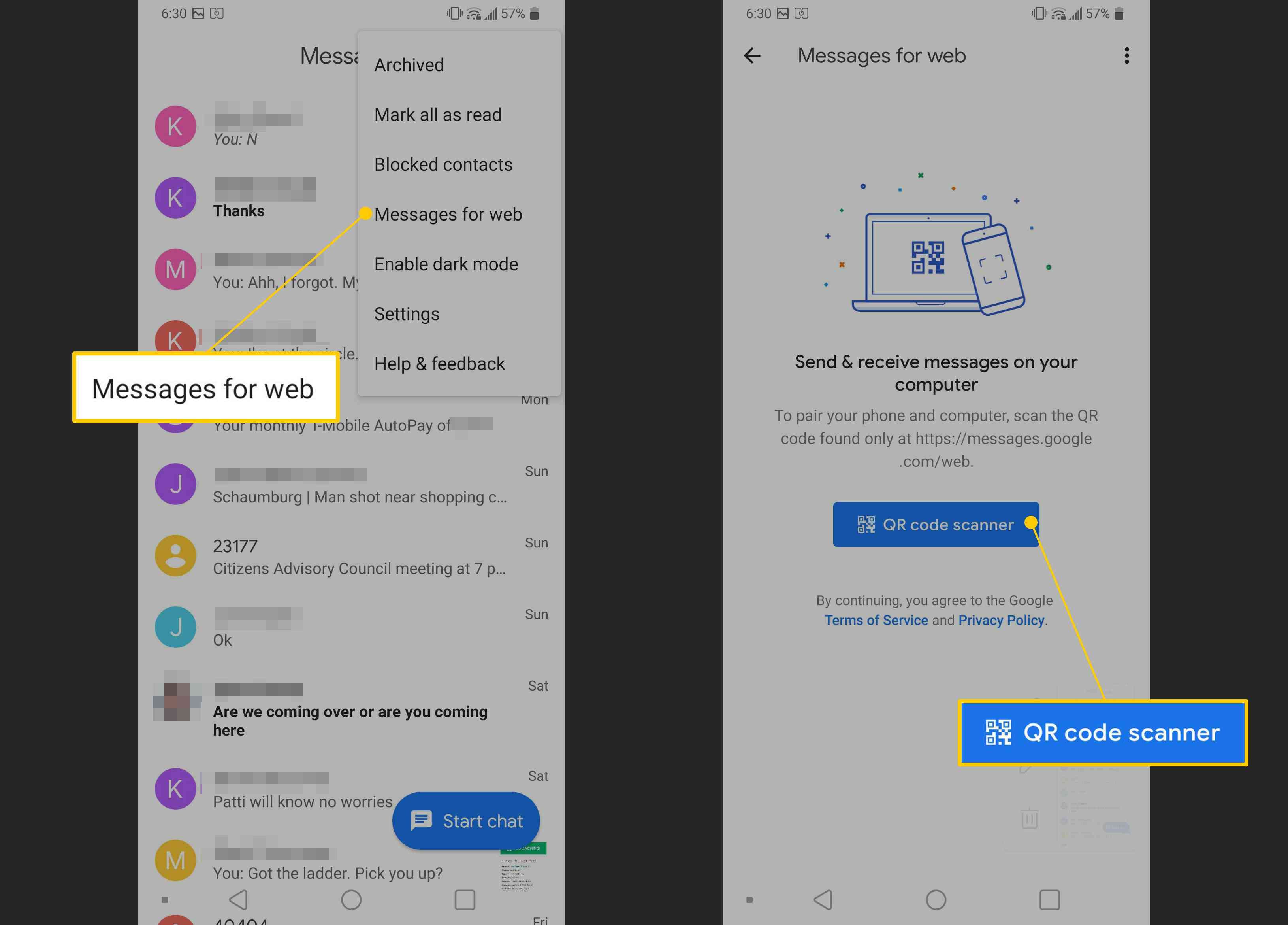 Сообщения для интернета, кнопки сканера QR-кода на Android