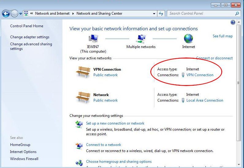 Управление VPN-подключением Windows 7