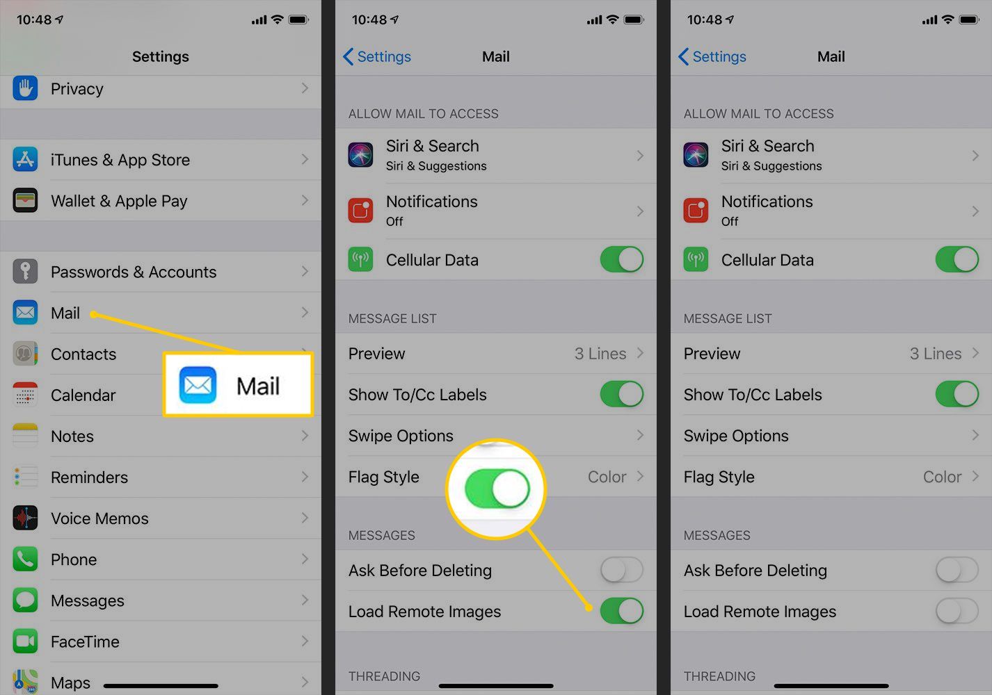 Mail, загрузка удаленных изображений переключается в настройках iOS