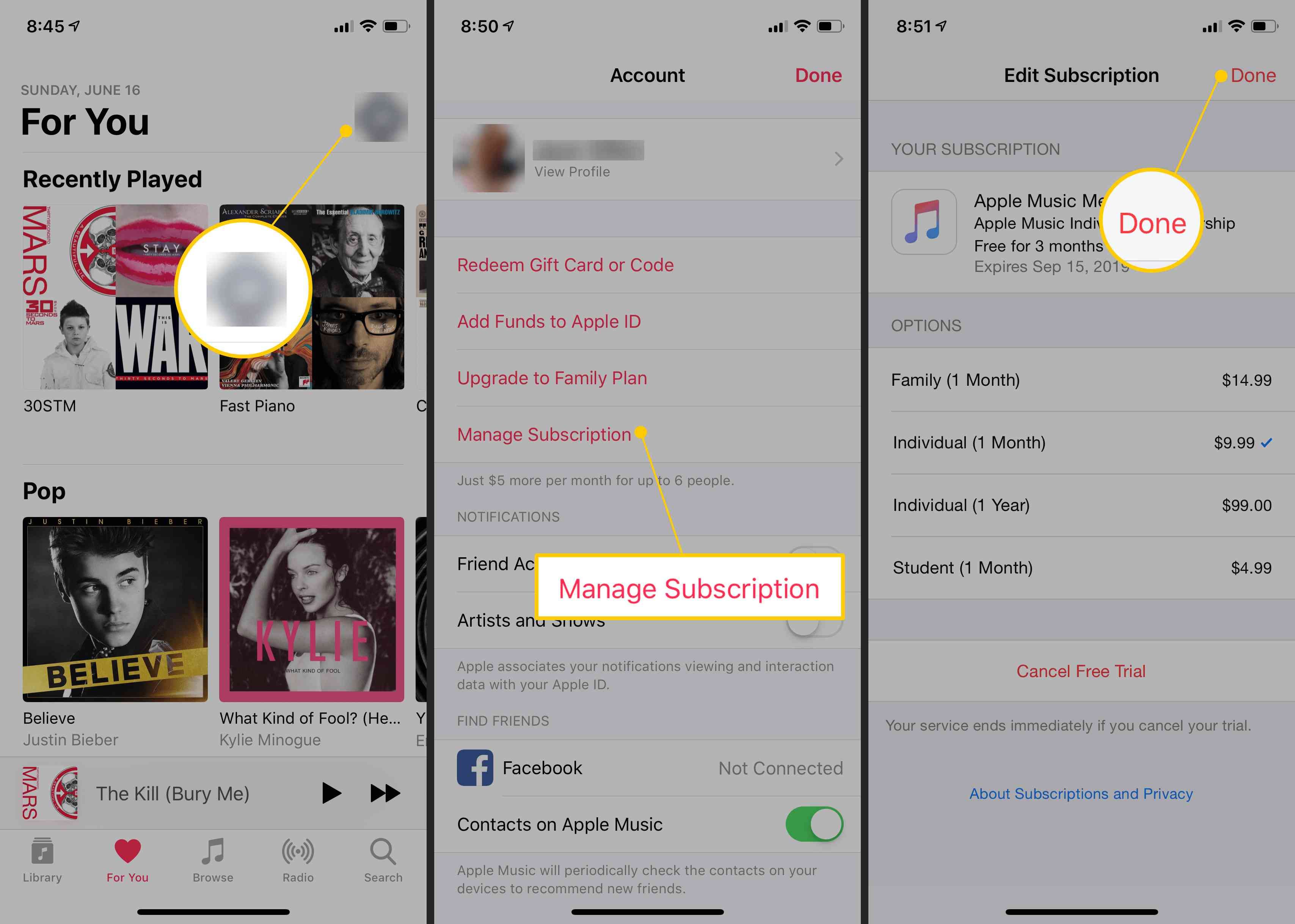 Значок профиля iTunes, кнопка «Управление подпиской», кнопка «Готово» в приложении «Музыка» на iOS