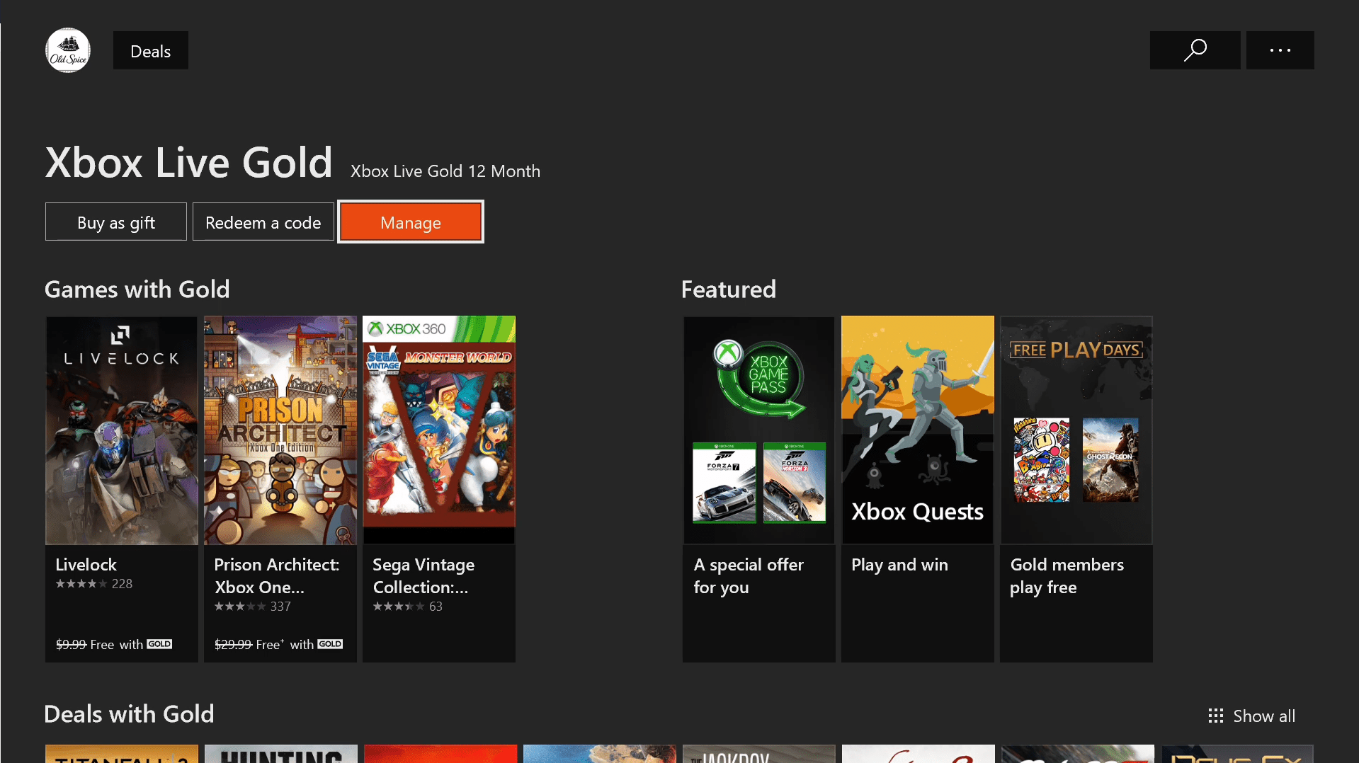 Панель управления Xbox Live Gold