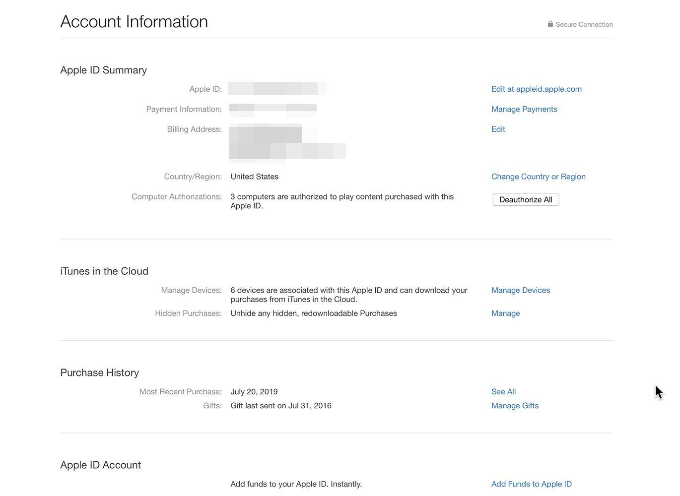 Экран информации об учетной записи в iTunes на компьютере
