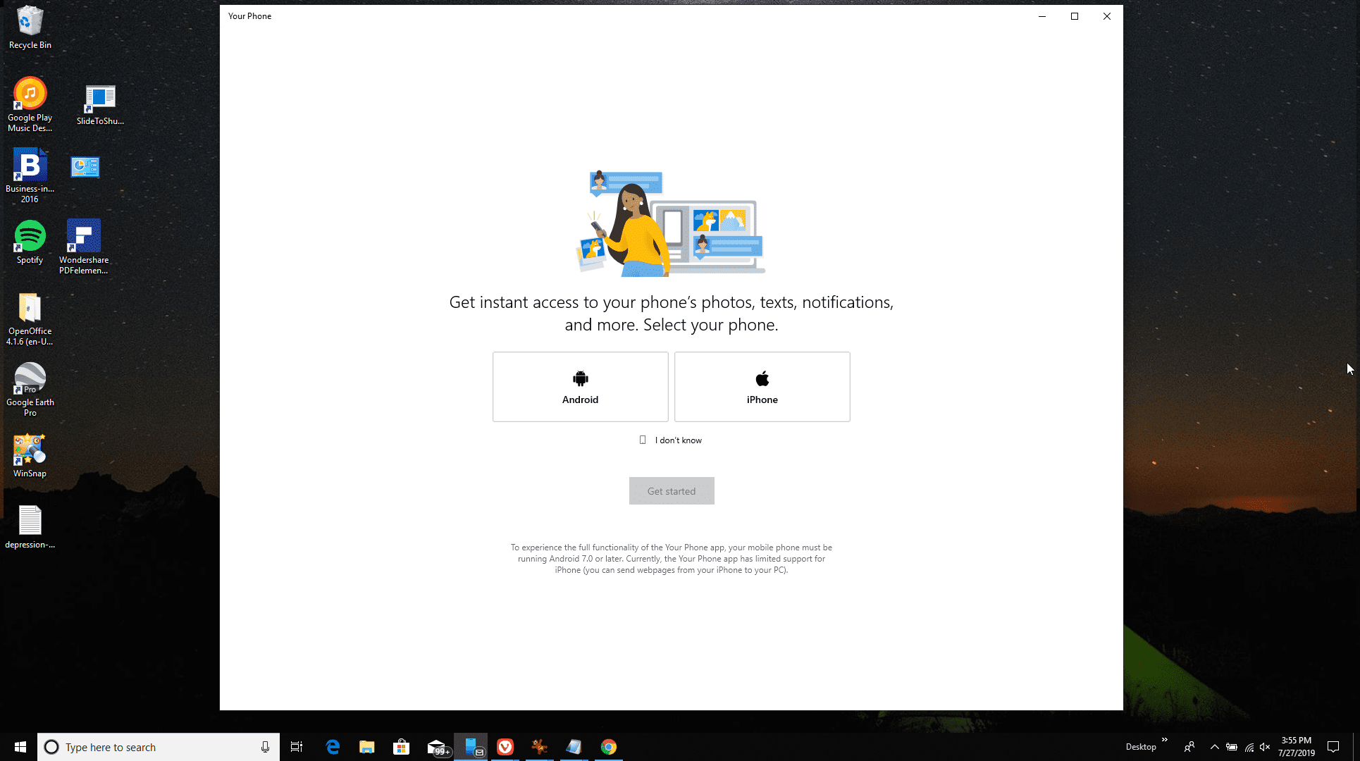 Снимок экрана стартовой страницы Microsoft Your Phone